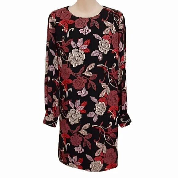 BANANA REPUBLIC Factory Black Mauve Rose Pink Tan Floral Long Sleeve Shift Dress - Picture 2 of 13